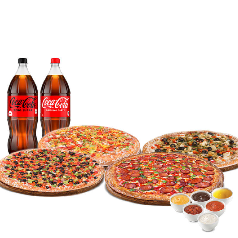 Family Pack - $15 Off - 4 Xlarge Pizzas, Two 2 Litre Pop & Six Dips.