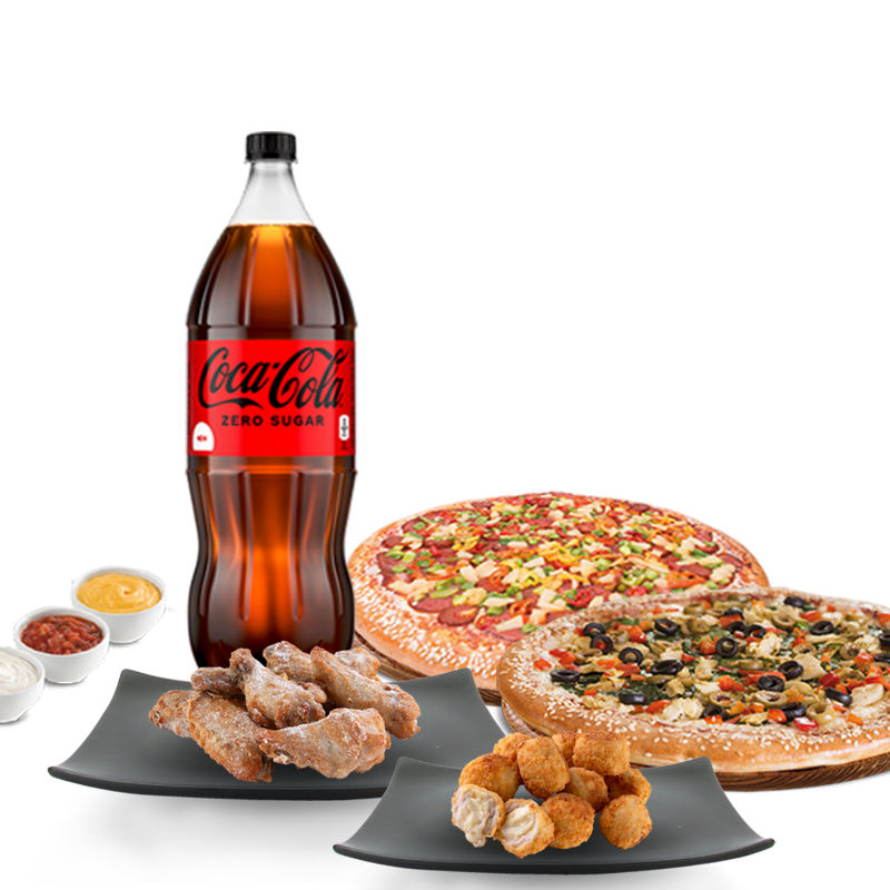 Party Pack - $39.95 - 2 Medium Specialty Pizzas, Wings or Bites, 2 Litre Pop & Three Dips.